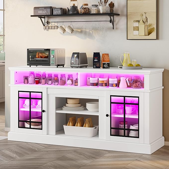 YITAHOME Farmhouse Sideboard Buffet Cabinet with LED Light, 65'' Large Kitchen Cabinet w/Storage, Tempered Glass Doors, Adjustable Shelf, 32'' Tall Coffee Bar Table for Living Room, Dining Room, White - LeafyLoom