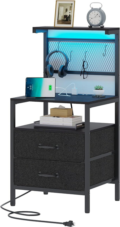 Tall Nightstand with Charging Station and LED Lights, Night Stand with Fabric Drawers, Bedside Table 36.4 Inch with Storage Shelves, Side Table, Mesh Shelves with Metal Hooks, Black - LeafyLoom