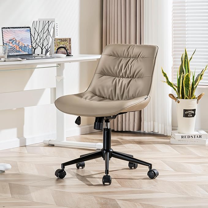 Kidol & Shellder Armless Office Chair Desk Chair Comfy Makeup Vanity Chair with Back Ergonomic Swivel Chair Home Office Desk Chairs with Wheels Rolling Computer Chair Bedroom Accent Chair(Khaki) - LeafyLoom