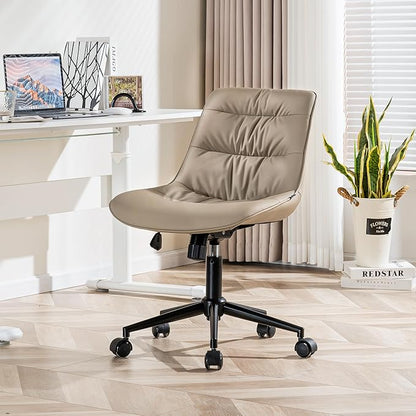 Kidol & Shellder Armless Office Chair Desk Chair Comfy Makeup Vanity Chair with Back Ergonomic Swivel Chair Home Office Desk Chairs with Wheels Rolling Computer Chair Bedroom Accent Chair(Khaki) - LeafyLoom