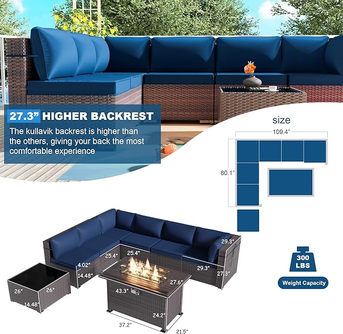 Kullavik 8 Pieces Outdoor Patio Furniture Set with 43" 55000BTU Gas Propane Fire Pit Table PE Wicker Rattan Sectional Sofa Patio Conversation Sets,Dark Blue - LeafyLoom