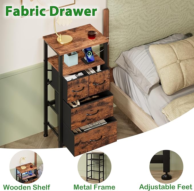 Furnulem 4 Drawer Night Stand with Charging Station, Small Dresser with Led Light, 33 Inch Bedside Table with Wood Shelf and Fabric Bins, Tall Nightstand for Entryway, Bedroom Furniture, Rustic Brown - LeafyLoom