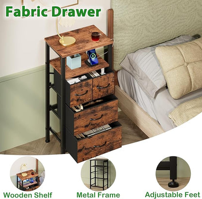 Furnulem 4 Drawer Night Stand with Charging Station, Small Dresser with Led Light, 33 Inch Bedside Table with Wood Shelf and Fabric Bins, Tall Nightstand for Entryway, Bedroom Furniture, Rustic Brown - LeafyLoom