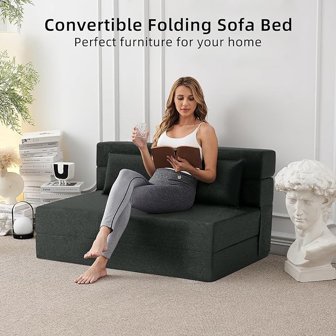 Convertible Folding Sofa Bed - Sleeper Chair with Pillow, Modern Linen Fabric Floor & Futon Couch, Foldable Mattress for Living Room/Dorm/Guest Use/Home Office/Apartment, Queen Size, Dark Gray - LeafyLoom