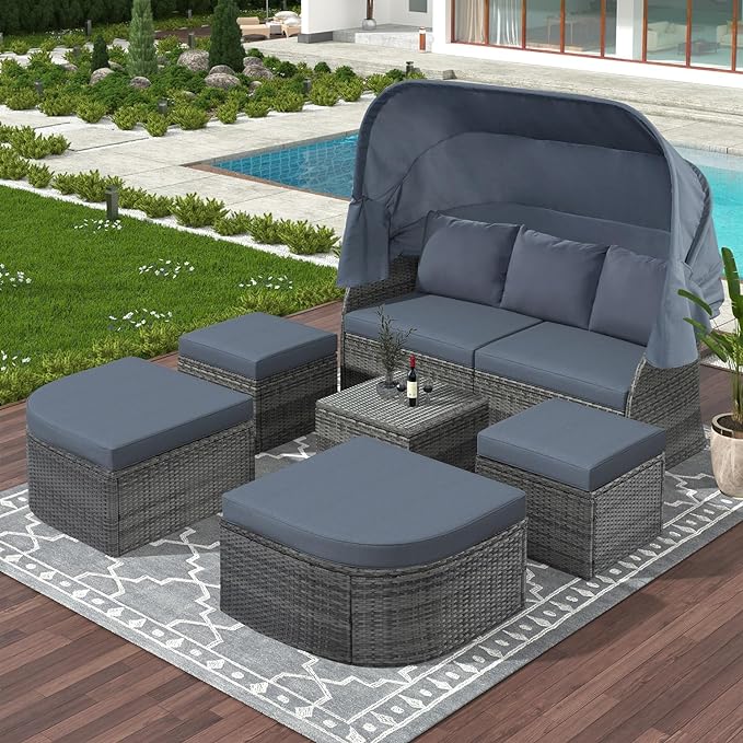 Rectangle Furniture Daybed Sunbed with Retractable Canopy, Outdoor Wicker Conversation Set with Cushions for Patio, Backyard, Porch, Garden, Hc-Gray - LeafyLoom