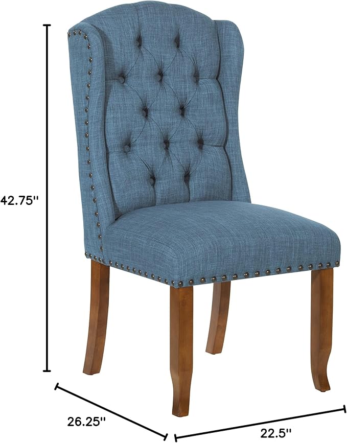 OSP Home Furnishings Jessica Button Tufted Wingback Upholstered Dining Chair with Wood Legs, Navy Blue Fabric - LeafyLoom