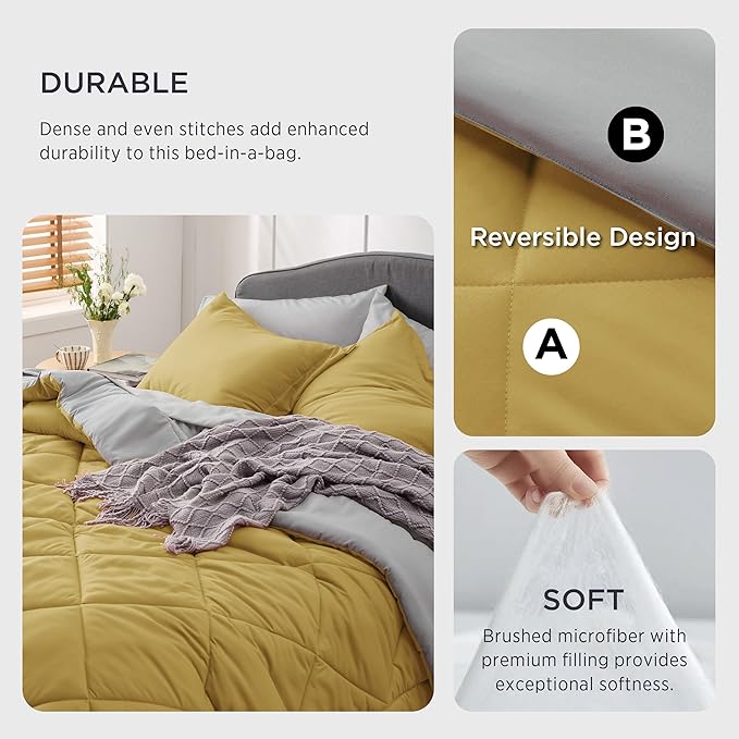 Bedsure Mustard Yellow Full Size Comforter Set - 7 Pieces Reversible Full Bed in a Bag, Full Bed Set Mustard Yellow and Grey with Comforters, Sheets, Pillowcases & Shams - LeafyLoom