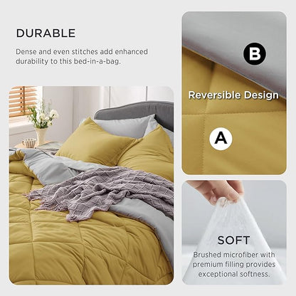 Bedsure Mustard Yellow Full Size Comforter Set - 7 Pieces Reversible Full Bed in a Bag, Full Bed Set Mustard Yellow and Grey with Comforters, Sheets, Pillowcases & Shams - LeafyLoom