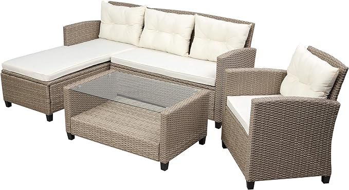 4 Piece Outdoor Patio Furniture Set, Sectional Conversation All-Weather Grey PE Wicker w/Seat Cushions for Backyard Porch Garden Poolside Balcony, Onesize, Ob-Beige - LeafyLoom