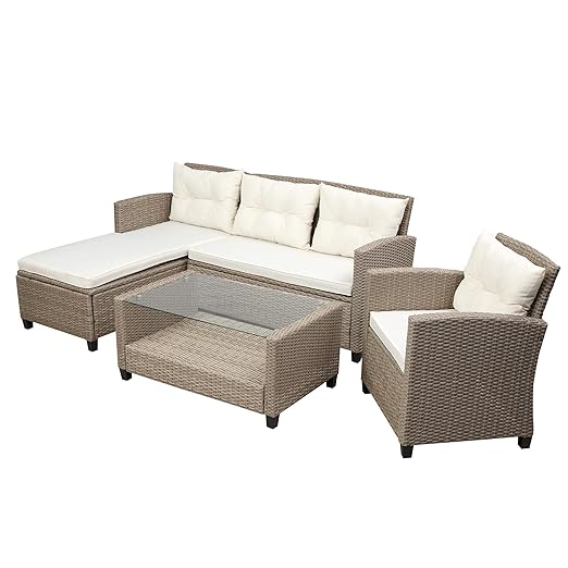 4PCS Patio Furniture Set, Outdoor Wicker Conversation Sectional L-Shaped Sofa with 4 Seater Thickness Coffee Table, for Backyard, Porch, Onesize, E-Beige Cushion+Brown Rattan - LeafyLoom