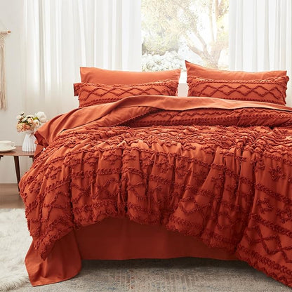 Anluoer Queen Comforter Set 7 Pieces, Burnt Orange Tufted Bed in a Bag with comforters and sheets, All Season Bedding Sets with 1 Comforter, 2 PillowShams, 2 Pillowcases, 1 Flat Sheet, 1 Fitted Sheet - LeafyLoom