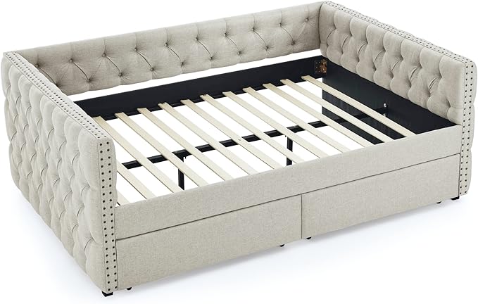 RITSU Full Size Upholstered Daybed, Pull Out with Two Storage Drawers, Solid Wood Frame Sofa Bed, Tufted Buttons and Copper Nails On Square Arms, for Bedrooms, Apartments, 82.75, Beige-2 - LeafyLoom