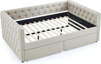 RITSU Full Size Upholstered Daybed, Pull Out with Two Storage Drawers, Solid Wood Frame Sofa Bed, Tufted Buttons and Copper Nails On Square Arms, for Bedrooms, Apartments, 82.75, Beige-2 - LeafyLoom