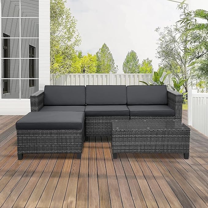 5 Piece Outdoor Patio Sectional Furniture Set, Weather Resistant Rattan Outside Couch, Waterproof Conversation Sofa for Balcony, Porch, Backyard, Deck, Garden, Grey - LeafyLoom