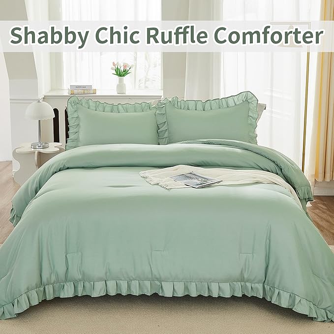 Andency Sage Green Twin Comforter Set, 2 Pieces Kids Ruffle Comforter Set Twin(66x90Inch), Farmhouse Shabby Chic Comforter Set, Soft Microfiber Kids Bedding Set - LeafyLoom