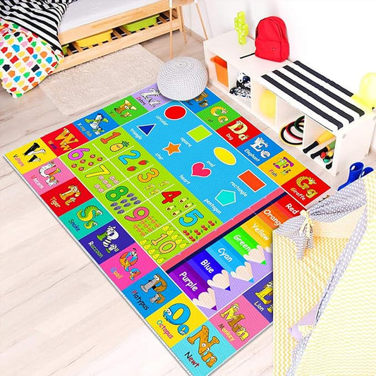 Kids Alphabet Play Game Rug - 2' 7" x 4' ABC Numbers and Shapes Educational Learning Toddler Carpet - Kids Room Playroom Classroom Kindergarten Activity Fun Soft Non-Slip Mat - LeafyLoom