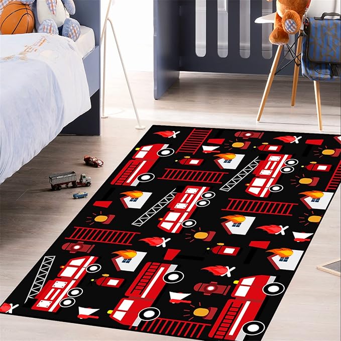 Car Play Rug Fire Fighting Truck Area Rug Car Rug Play Mat Kids Rugs for Playroomcar Rug for Boys Room Carpet Floor Mat for Bedroom Living Room,Black 5'×7' - LeafyLoom