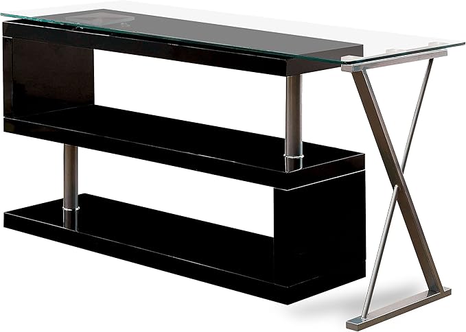 Furniture of America Lilliana S-Shaped Glass-Top Office Desk, Black - LeafyLoom