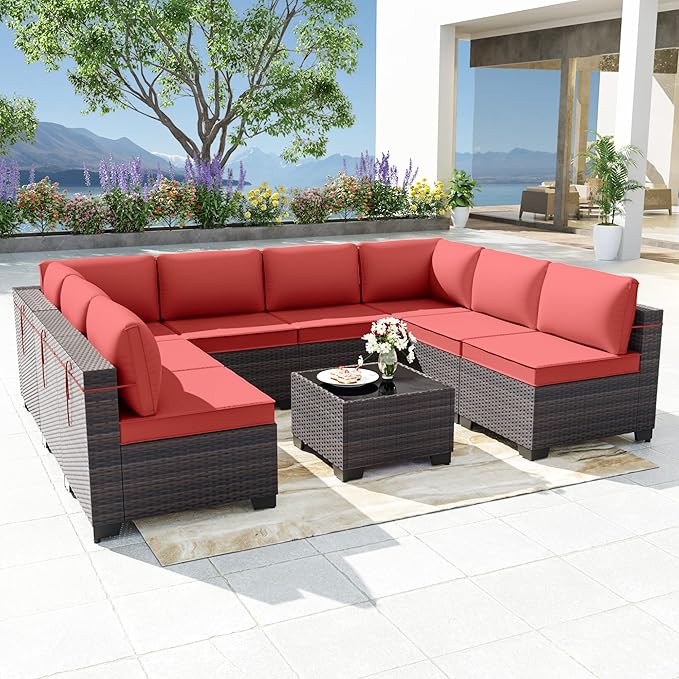 Patio Furniture Set 9-Pieces Outdoor Furniture for Backyard Wicker Sectional Sofa Set, Rattan Patio Conversation Set with Thickened Cushions and Glass Coffee Table, Red - LeafyLoom