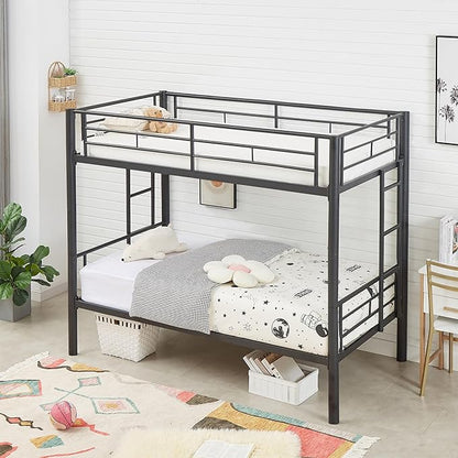 VECELO Metal Bunk Bed Twin Over Twin, Industrial Bunkbeds with Ladder and Full-Length Guardrail, Noise Free, No Boxing Spring Needed, Black - LeafyLoom