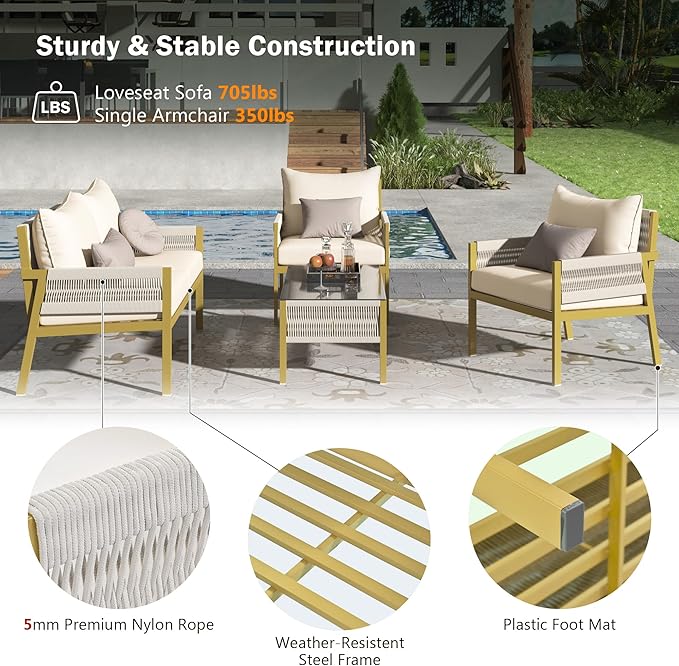 4-Piece Patio Conversation Furniture Set, Rope Weave Outdoor Loveseat Sofa with 2 Armchairs, Thick Cushion&Tempered Glass Table, for Garden Backyard, Onesize, Beige+Mustard Yellow - LeafyLoom