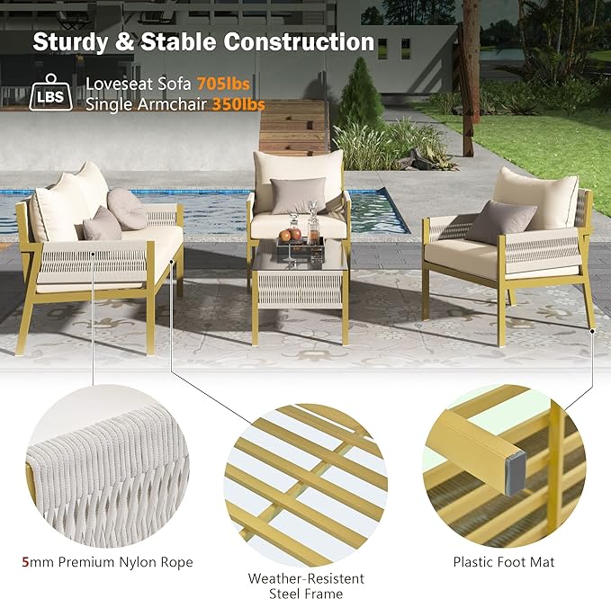 4 Piece Patio Furniture Set, Outdoor FSC Certified Acacia Wood Conversation Set, All-Weather Rope Sofa Set w/Tempered Glass Table, Loveseat for Lawn Balcony Poolside, Backyard, Backyard - LeafyLoom