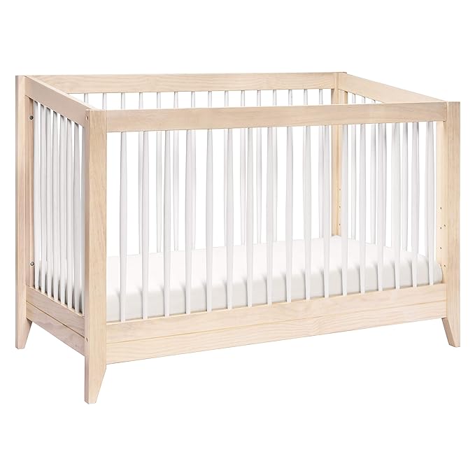 Babyletto Sprout 4-in-1 Convertible Crib with Toddler Bed Conversion Kit in Washed Natural and White, Greenguard Gold Certified - LeafyLoom