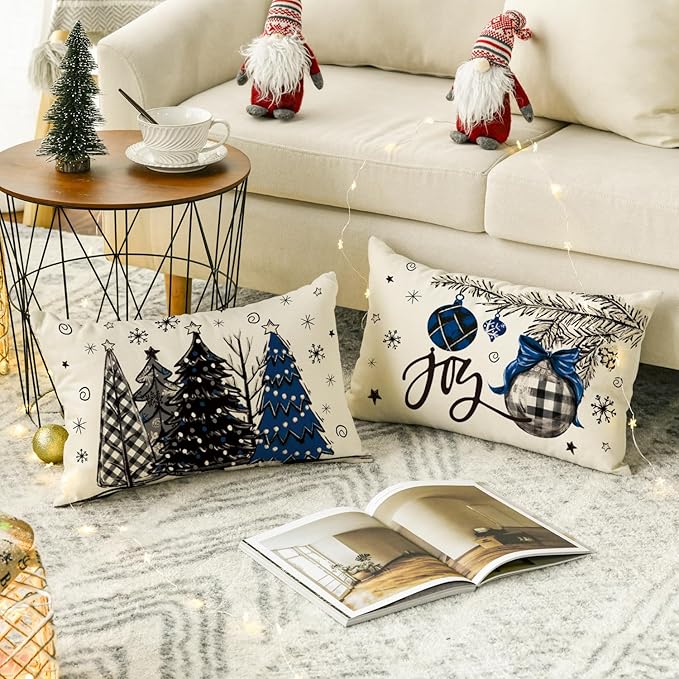 AVOIN colorlife Merry Christmas Joy Xmas Trees Blue and Black Throw Pillow Covers, 12 x 20 Inch Christmas Winter Holiday Cushion Case Decoration for Sofa Couch Set of 4 AVOINcolorlife