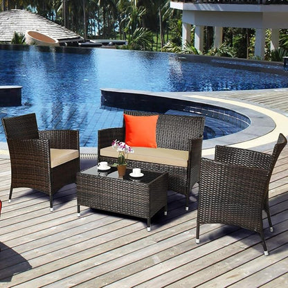 LUARANE 4-Piece Rattan Patio Furniture Set, Outdoor Wicker Sofa Couch Table Set, w/Thick Seat Cushions Tempered Glass Coffee Table, Conversation Set for Lawn Garden Poolside Backyard (Brown) - LeafyLoom