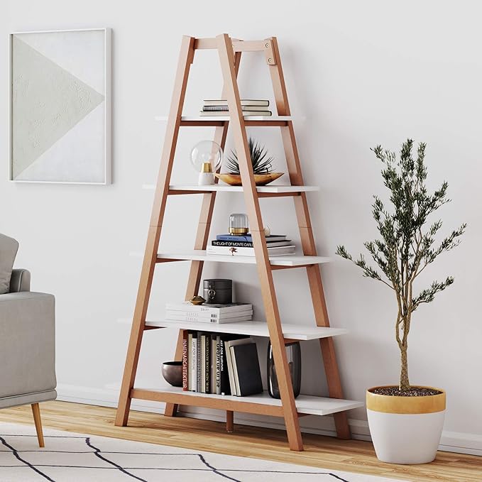 Nathan James 62201 Carlie 5-Shelf Ladder Bookcase, Display or Decorative Storage Rack with White and Rove Brown Wooden Ladder Shelves - LeafyLoom