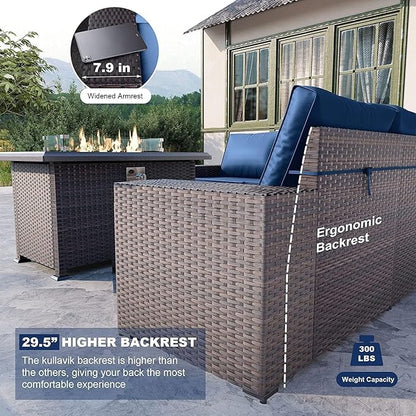 Kullavik 10PCS Outdoor Patio Furniture Set,PE Wicker Rattan Sectional Sofa Patio Conversation Sets with 43" 55000BTU Gas Propane Fire Pit Table,Swivel Rocking Chairs Set,Dark Blue - LeafyLoom