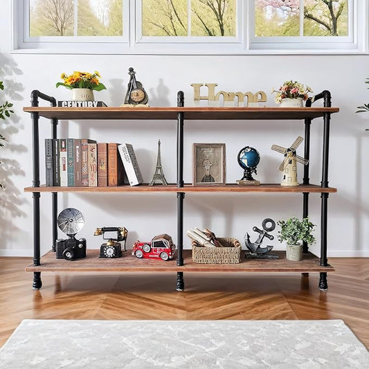 3 Tier Industrial Long Bookshelf, Entryway Industrial Metal Bookcase (Weathered Brown, 60" L x 11.8" W x 39" H) - LeafyLoom