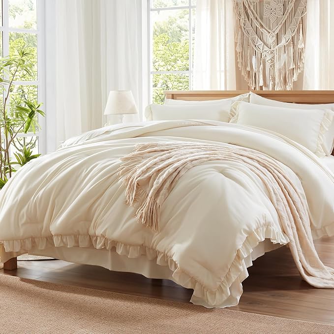 Anluoer King Comforter Set 7 Piece, Beige Bed in a Bag with Sheets, All Season Ruffle Shabby Chic Bedding Sets with 1 Comforter, 2 Pillow Shams, 2 Pillowcases, 1 Flat Sheet, 1 Fitted Sheet - LeafyLoom