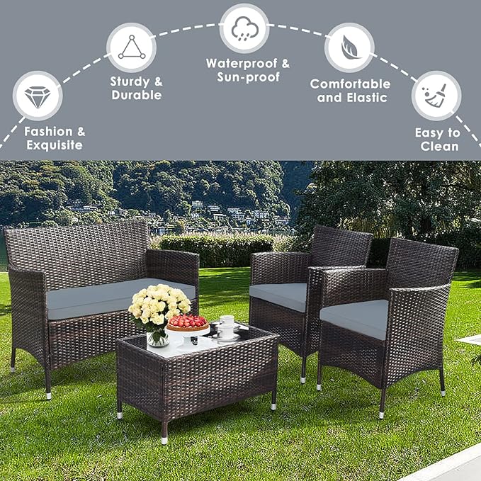 Goplus 4-Piece Rattan Patio Set, Outdoor/Indoor Wicker Conversation Set for Pool, Backyard, Lawn, Wicker Chairs and Sofa with Soft Cushion, Rattan Furniture with Tempered Glass Coffee Table - LeafyLoom