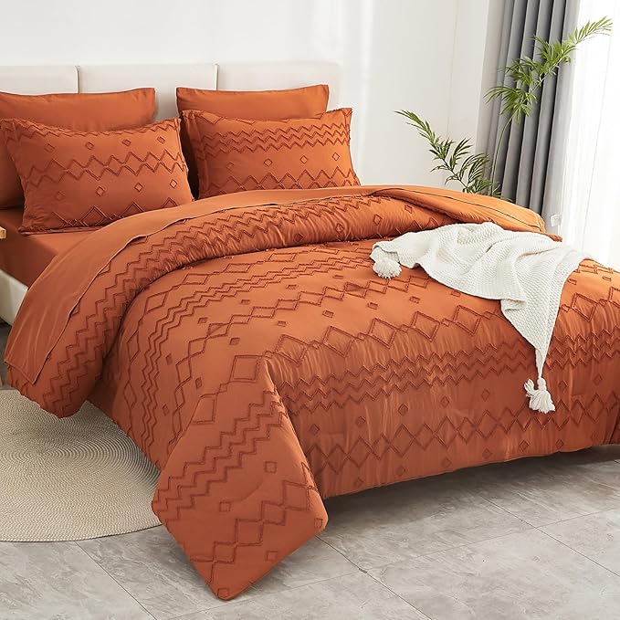 EMME King Comforter Set - 7 Pcs Pumpkin Boho Bedding Sets, King Size Tufted Comforter Set with Sheets, Shabby Chic Embroidery Bed Set Fluffy Bed Bag for All Season(102"X90") - LeafyLoom