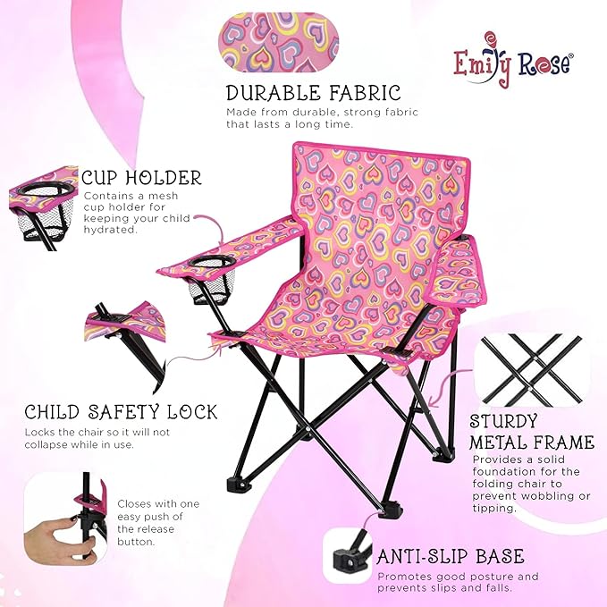 Emily Rose Kids Folding Chair | Beach Chair with Safety Lock- Camping Chair for Boyos Girls Toddler with Cup Holder & Carry Case- Tailgate, Travel, Lawn- for Indoor & Outdoor (Playful Hearts) - LeafyLoom