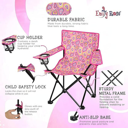 Emily Rose Kids Folding Chair | Beach Chair with Safety Lock- Camping Chair for Boyos Girls Toddler with Cup Holder & Carry Case- Tailgate, Travel, Lawn- for Indoor & Outdoor (Playful Hearts) - LeafyLoom