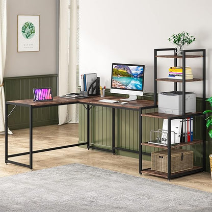 79 Inch Reversible L-Shaped Desk, Large Corner Computer Desk with 5 Tier Storage Shelves - LeafyLoom