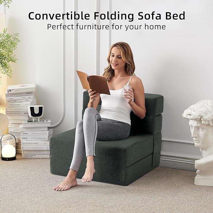 Convertible Folding Sofa Bed - Sleeper Chair with Pillow, Modern Linen Fabric Floor & Futon Couch, Foldable Mattress for Living Room/Dorm/Guest Use/Home Office/Apartment, Single Size, Dark Gray - LeafyLoom