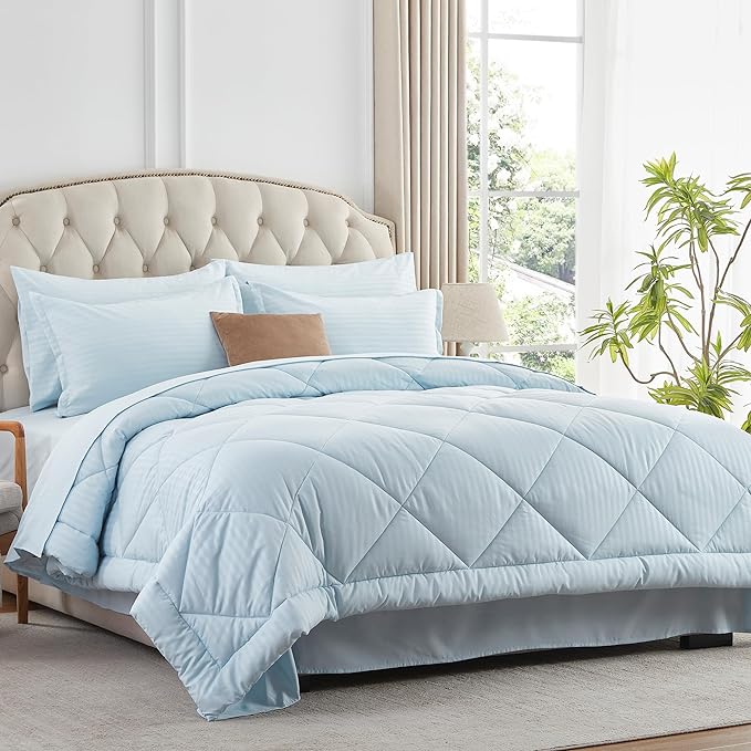 NexHome Light Blue King Bed in a Bag 7-Pieces Comforter Sets with Comforter and Sheets Soft All Season Bedding Sets with Comforter, Pillow Shams, Flat Sheet, Fitted Sheet and Pillowcases - LeafyLoom