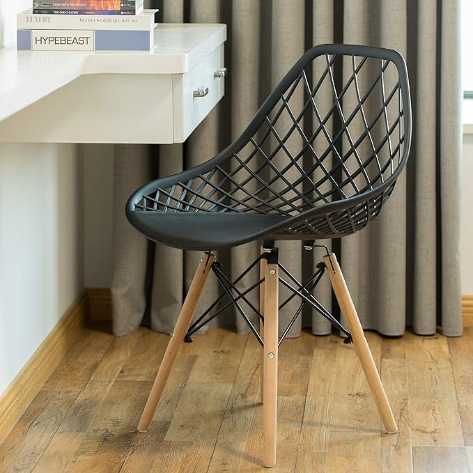 Mid-Century Modern Style Plastic DSW Shell Dining Chair with Lattice Back and Wooden Dowel Eiffel Legs, Black - LeafyLoom