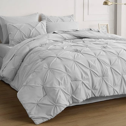 Bedsure California King Comforter Set Light Grey - Cal King Bed Set 7 Pieces, Pinch Pleat Cali King Bedding Set with Comforter, Sheets, Pillowcases & Shams - LeafyLoom