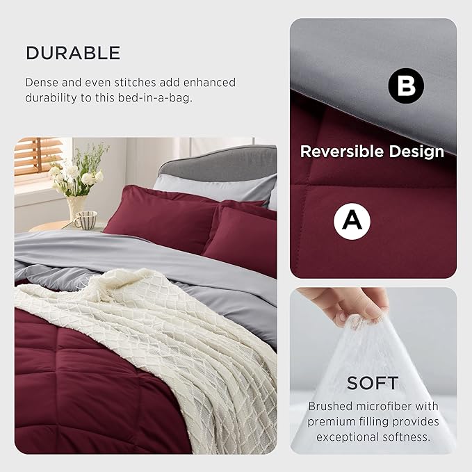 Bedsure Burgundy 7 Piece Reversible Comforter Set - Bed in a Bag with Comforters, Sheets, Pillowcases & Shams - LeafyLoom