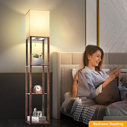 Floor Lamp with Shelves for Living Room Brown, Shelf Floor Lamp with 3 CCT LED Bulb, Corner Display Standing Column Lamp Etagere Organizer Tower Nightstand with White Linen Shade for Bedroom - LeafyLoom