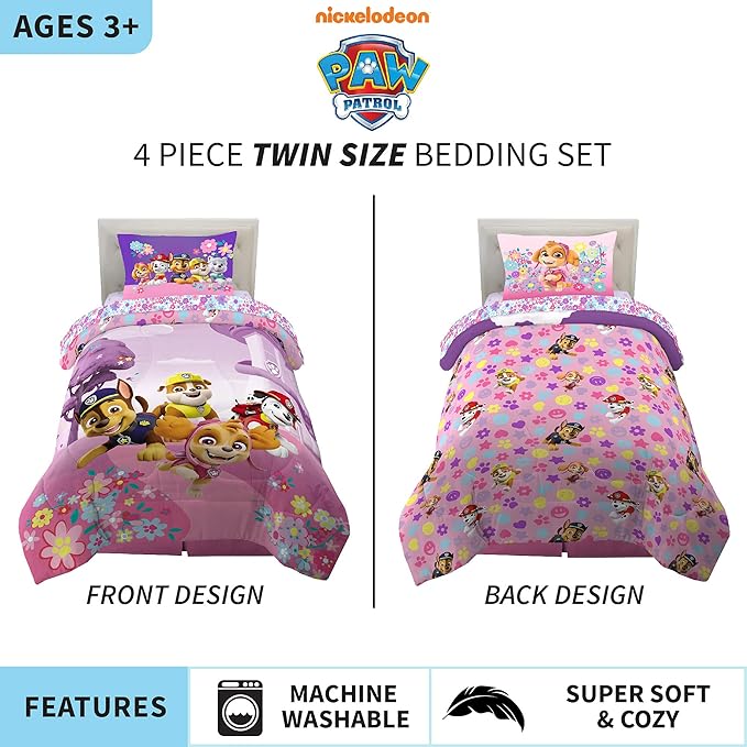 Paw Patrol Girls Kids Bedding Super Soft Comforter and Sheet Set, (4 Piece) Twin Size, (Official) Nickelodeon Product By Franco - LeafyLoom