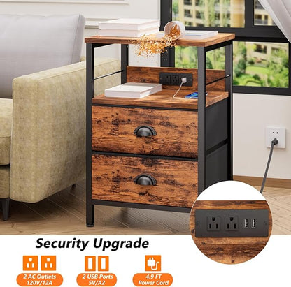 Furologee Nightstand Set of 2, Rustic Brown, with Charging Station and USB Ports, Side Tables with 2 Fabric Drawers, Bedside Tables with Storage Shelf & Hooks, for Living Room/Bedroom - LeafyLoom