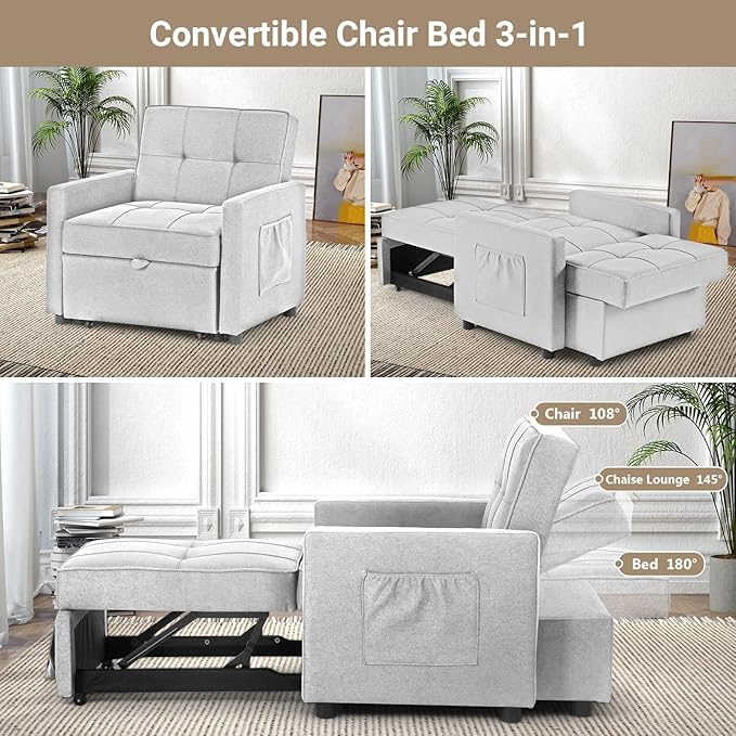 4-in-1 Convertible Sleeper Sofa, Single Pull Out Couch Chair with 6-Level Adjust Backrest Loveseat with Storage and Pillows, Modern Recliner for Living Room Apartment Office, White - LeafyLoom