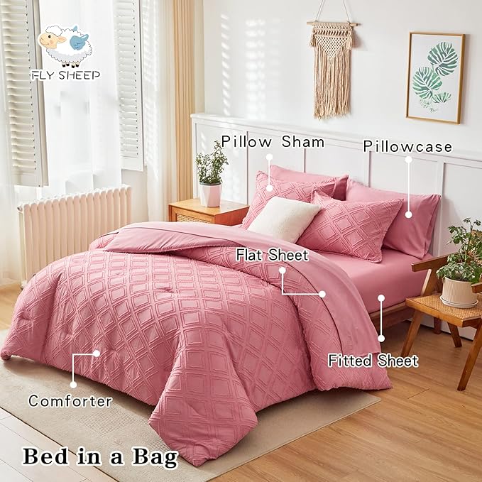 7 Pieces Tufted Bed in a Bag King Comforter Set with Sheets Pink, Soft and Embroidery Shabby Chic Boho Bohemian, Luxury Solid Color with Diamond Pattern, Jacquard Tufts Bedding Set for All Season - LeafyLoom