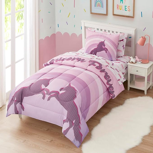 Kids Bedding Set Bed in a Bag for Boys and Girls Toddlers Printed Sheet Set and Comforter, Twin, Unicorn Forever - LeafyLoom