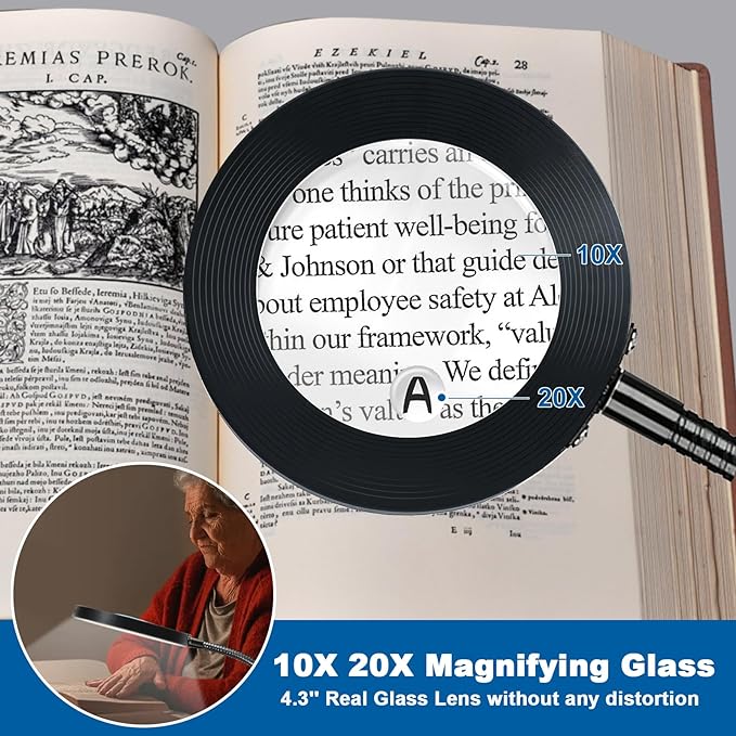 NZQXJXZ 2-in-1 Magnifying Glass with Light and Stand 20X 10X Magnifying Lamp with Large Base & Clamp, 72 LEDs, 3 Color Modes and10 Stepless Dimmable, Desk Magnifier for Hobbies, Reading, Jewelry - LeafyLoom